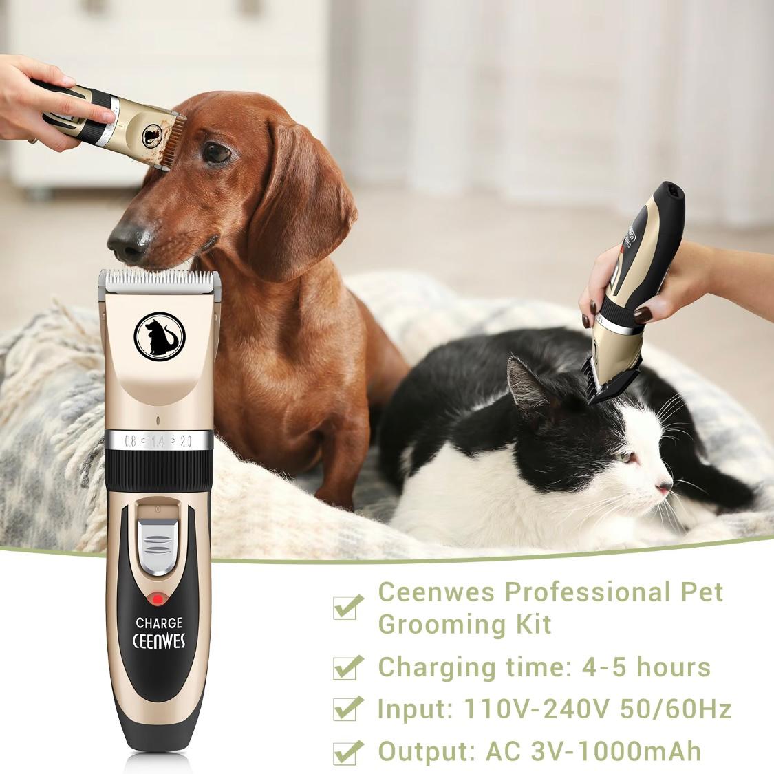 Ceenwes Low Noise Dog Clippers – Rechargeable Cordless Grooming Trimmer | Professional Pet Hair Clipper with Comb Guides, Scissors & Brush for Dogs, Cats & More
