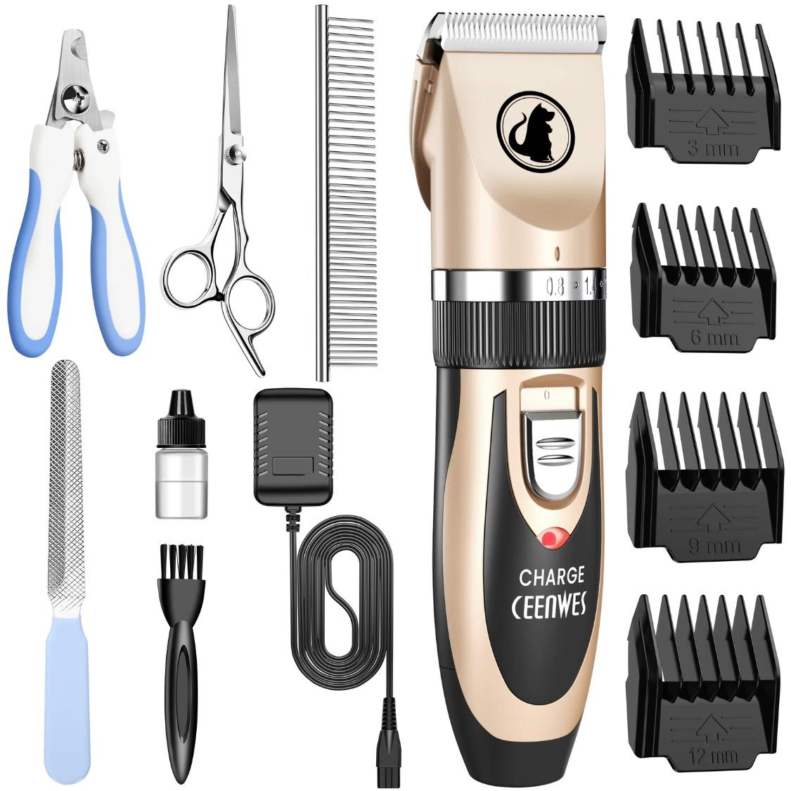 Ceenwes Low Noise Dog Clippers – Rechargeable Cordless Grooming Trimmer | Professional Pet Hair Clipper with Comb Guides, Scissors & Brush for Dogs, Cats & More