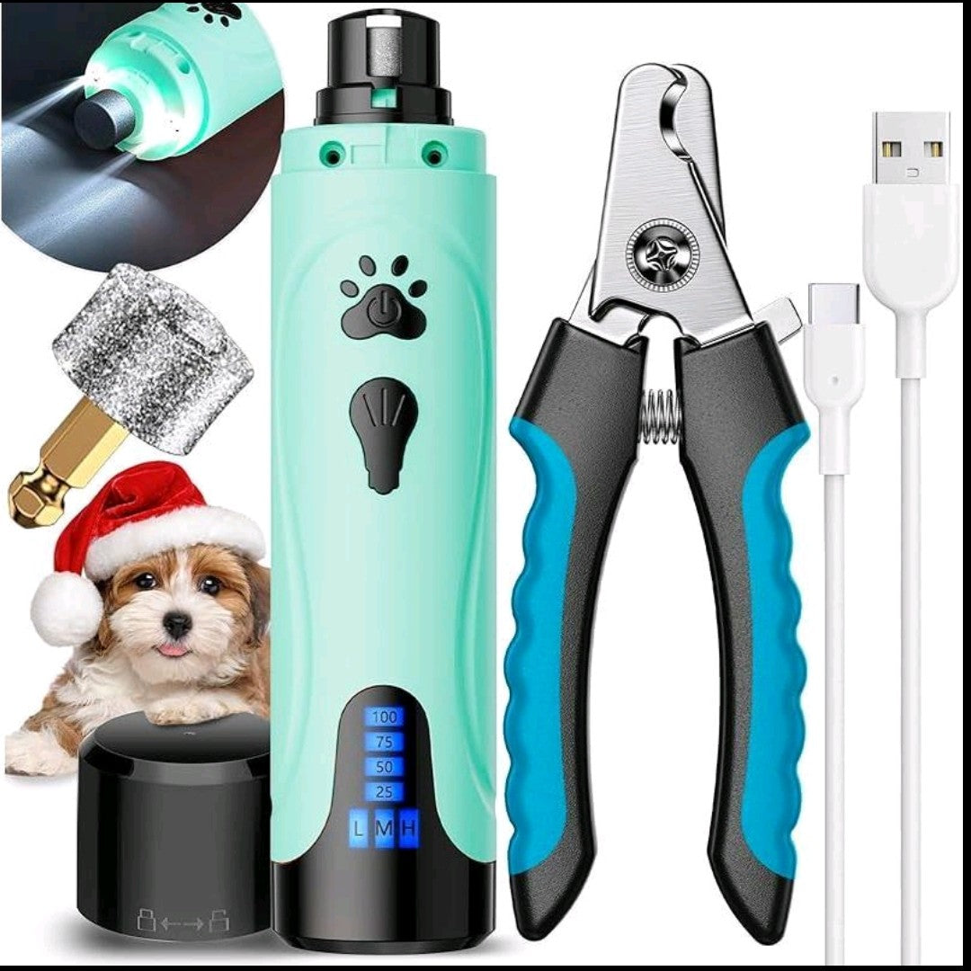 Dog Nail Trimmers & Clippers Kit – Whisper-Quiet Electric Grinder with LED Light, Rechargeable, 3-Speed Pet Nail File for Small, Medium & Large Dogs and Cats