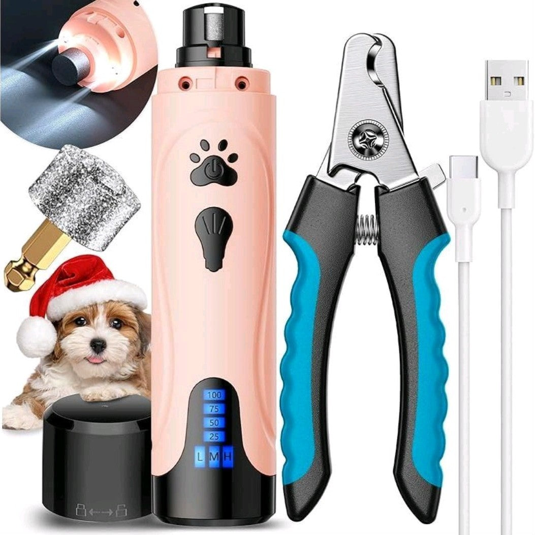 Dog Nail Trimmers & Clippers Kit – Whisper-Quiet Electric Grinder with LED Light, Rechargeable, 3-Speed Pet Nail File for Small, Medium & Large Dogs and Cats