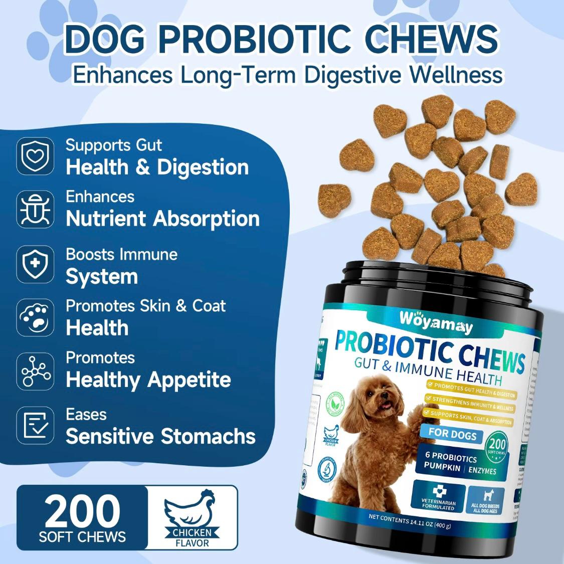 Woyamay Dog Probiotic Soft Chews – 200 Ct | Gut Health Support, Itchy Skin Relief, Immunity & Appetite Booster