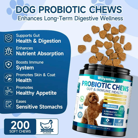 Woyamay Dog Probiotic Soft Chews – 200 Ct | Gut Health Support, Itchy Skin Relief, Immunity & Appetite Booster