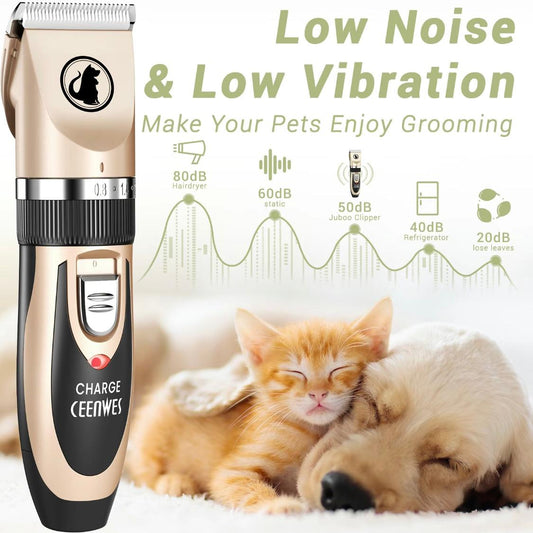 Ceenwes Low Noise Dog Clippers – Rechargeable Cordless Grooming Trimmer | Professional Pet Hair Clipper with Comb Guides, Scissors & Brush for Dogs, Cats & More