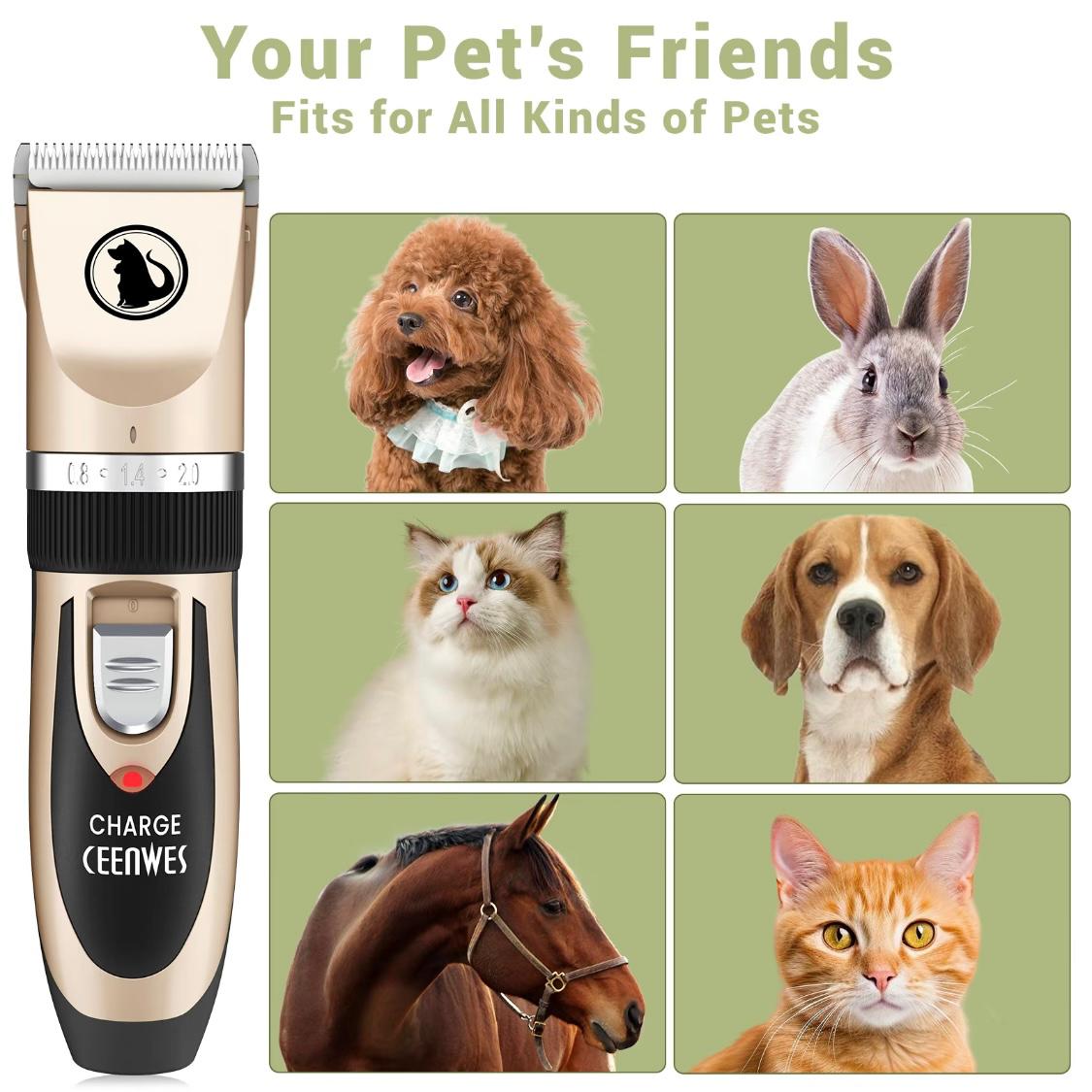Ceenwes Low Noise Dog Clippers – Rechargeable Cordless Grooming Trimmer | Professional Pet Hair Clipper with Comb Guides, Scissors & Brush for Dogs, Cats & More