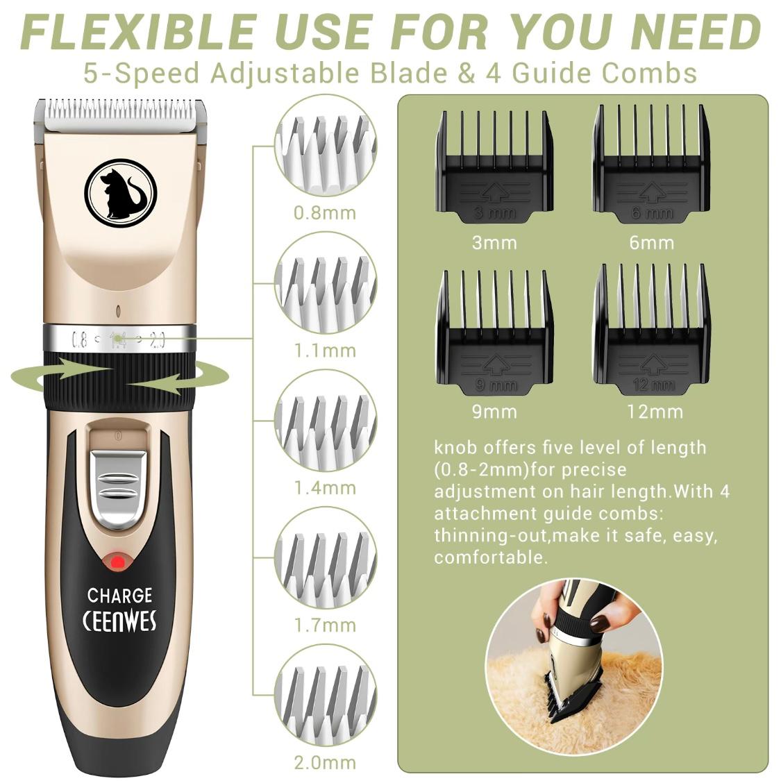 Ceenwes Low Noise Dog Clippers – Rechargeable Cordless Grooming Trimmer | Professional Pet Hair Clipper with Comb Guides, Scissors & Brush for Dogs, Cats & More