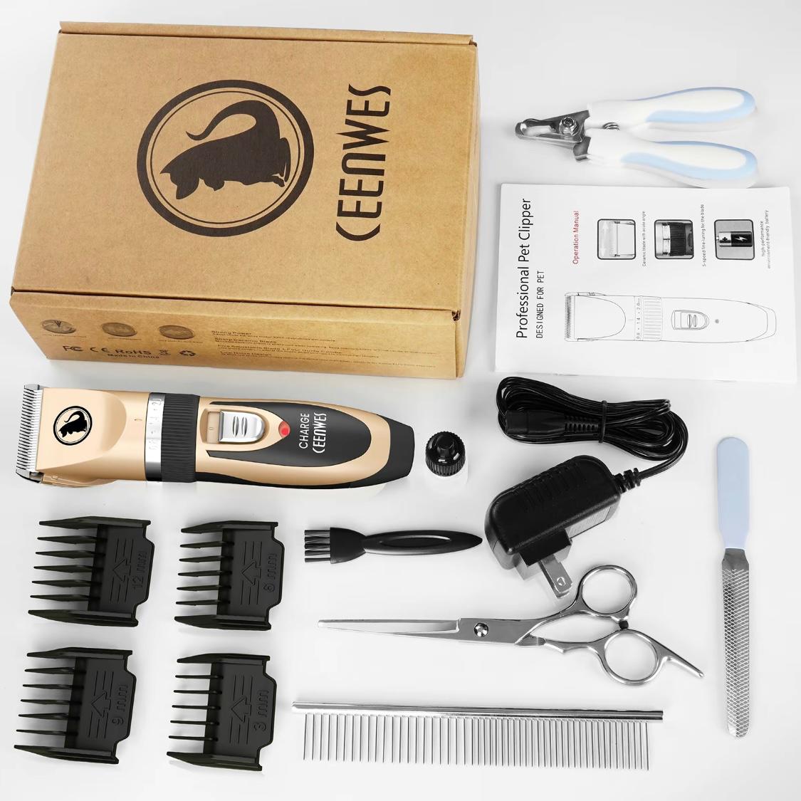 Ceenwes Low Noise Dog Clippers – Rechargeable Cordless Grooming Trimmer | Professional Pet Hair Clipper with Comb Guides, Scissors & Brush for Dogs, Cats & More