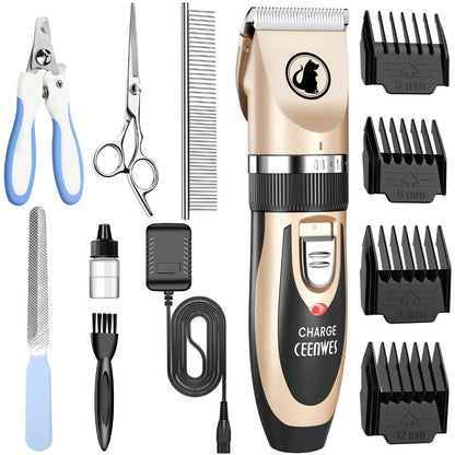 Ceenwes Low Noise Dog Clippers – Rechargeable Cordless Grooming Trimmer | Professional Pet Hair Clipper with Comb Guides, Scissors & Brush for Dogs, Cats & More