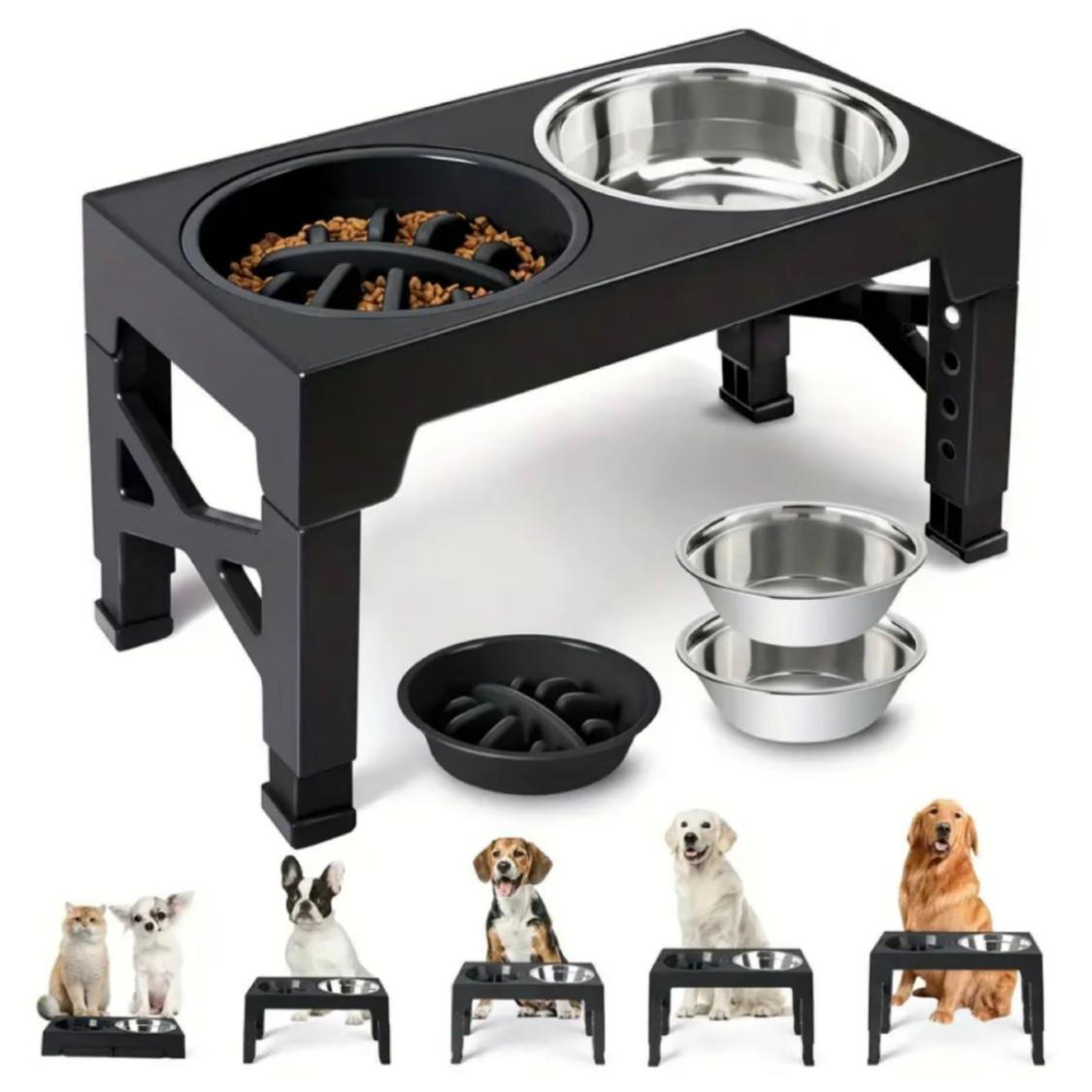 Adjustable Elevated Dog Bowl Stand – 5 Heights | Includes 2 Stainless Steel Bowls + 1 Slow Feeder | Non-Tip Design for Small, Medium & Large Dogs