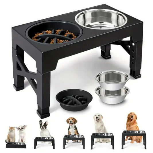 Adjustable Elevated Dog Bowl Stand – 5 Heights | Includes 2 Stainless Steel Bowls + 1 Slow Feeder | Non-Tip Design for Small, Medium & Large Dogs