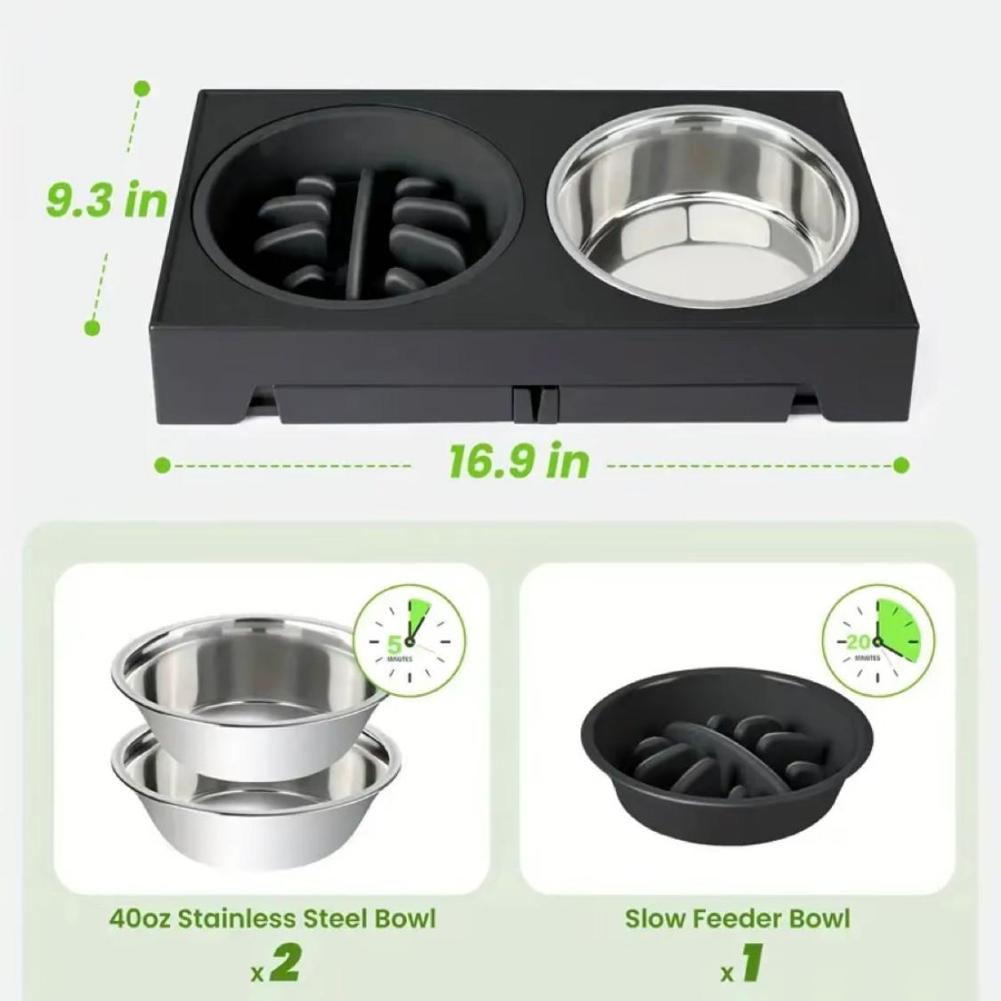 Adjustable Elevated Dog Bowl Stand – 5 Heights | Includes 2 Stainless Steel Bowls + 1 Slow Feeder | Non-Tip Design for Small, Medium & Large Dogs
