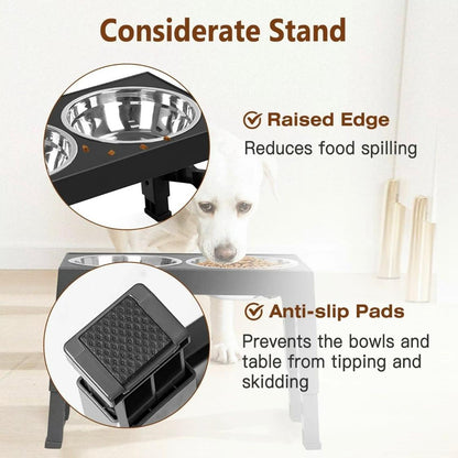 Adjustable Elevated Dog Bowl Stand – 5 Heights | Includes 2 Stainless Steel Bowls + 1 Slow Feeder | Non-Tip Design for Small, Medium & Large Dogs