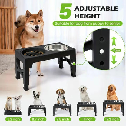 Adjustable Elevated Dog Bowl Stand – 5 Heights | Includes 2 Stainless Steel Bowls + 1 Slow Feeder | Non-Tip Design for Small, Medium & Large Dogs
