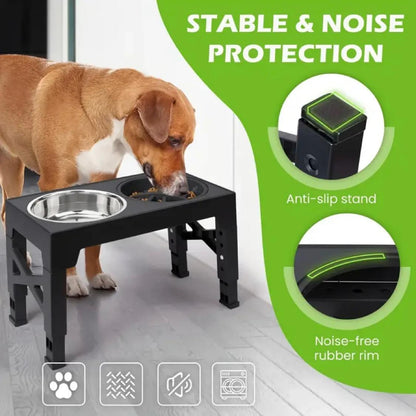 Adjustable Elevated Dog Bowl Stand – 5 Heights | Includes 2 Stainless Steel Bowls + 1 Slow Feeder | Non-Tip Design for Small, Medium & Large Dogs