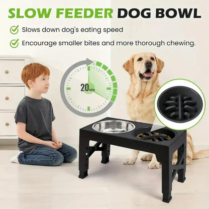 Adjustable Elevated Dog Bowl Stand – 5 Heights | Includes 2 Stainless Steel Bowls + 1 Slow Feeder | Non-Tip Design for Small, Medium & Large Dogs