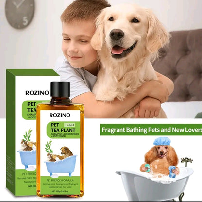 【Buy 2, Get a Premium Brush Comb Free】ROZINO 3-in-1 Tea Plant Pet Shampoo, Conditioner & Body Wash – Gentle Deodorizing Formula for Dogs, Cats & Horses (200g)