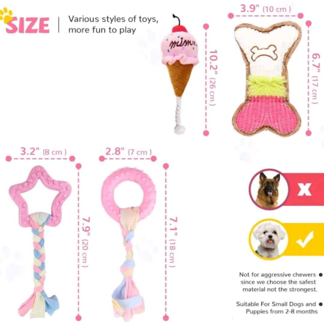 4-Pack Puppy Teething Toys – Pink Chew Set for Small Breed Dogs, Soft Rubber & Plush Bone Toys with Rope, Teeth Cleaning & Interactive Play