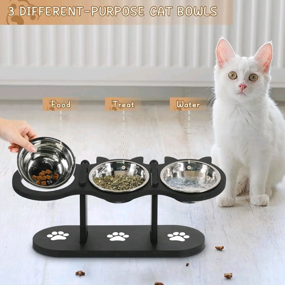 Adjustable Raised Cat Food Bowls – 3 Stainless Steel Elevated Bowls with 15° Black Stand for Indoor Cats