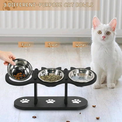 Adjustable Raised Cat Food Bowls – 3 Stainless Steel Elevated Bowls with 15° Black Stand for Indoor Cats