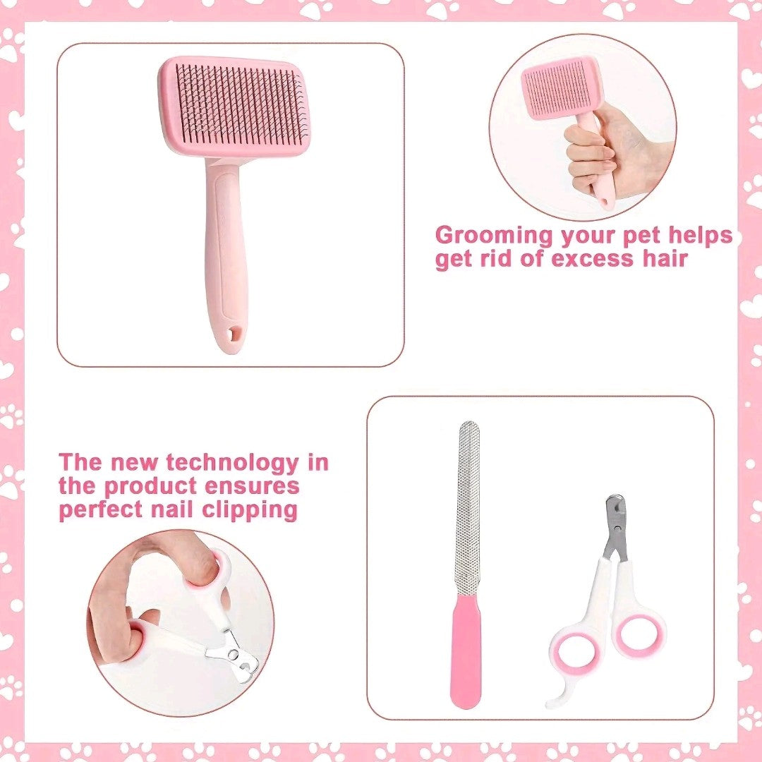 8-Piece pet Grooming Kit – Self-Cleaning Brushes, Nail Clippers, Flea Comb & More
