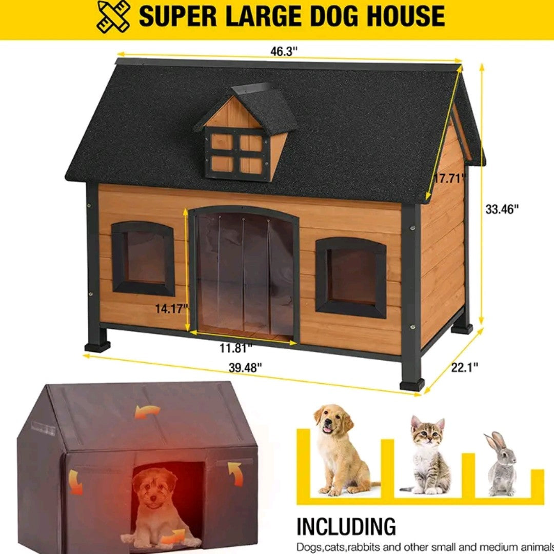 Aivituvin AIR80/AIR81 Outdoor Dog House with Porch – Weatherproof Wooden Kennel with Strong Iron Frame & Elevated Design