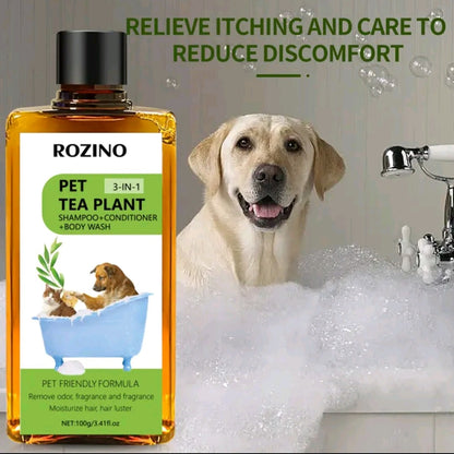 【Buy 2, Get a Premium Brush Comb Free】ROZINO 3-in-1 Tea Plant Pet Shampoo, Conditioner & Body Wash – Gentle Deodorizing Formula for Dogs, Cats & Horses (200g)
