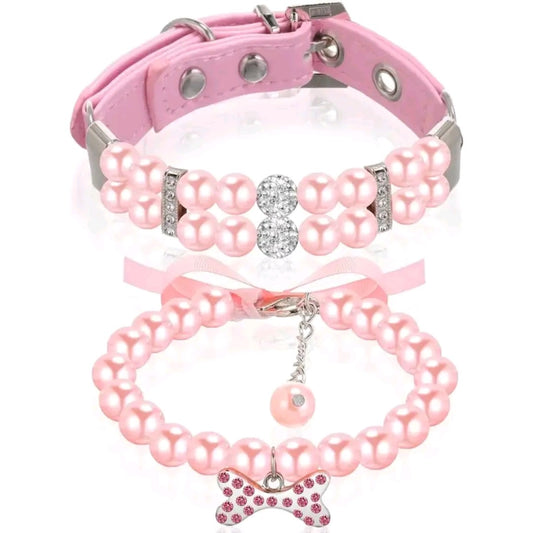2-Pack Small Dog & Cat Pearl Collar and Necklace Set – Cute PU Leather Pet Collars with Crystal Rhinestones for Puppy, Kitten, Birthday, Wedding & Party