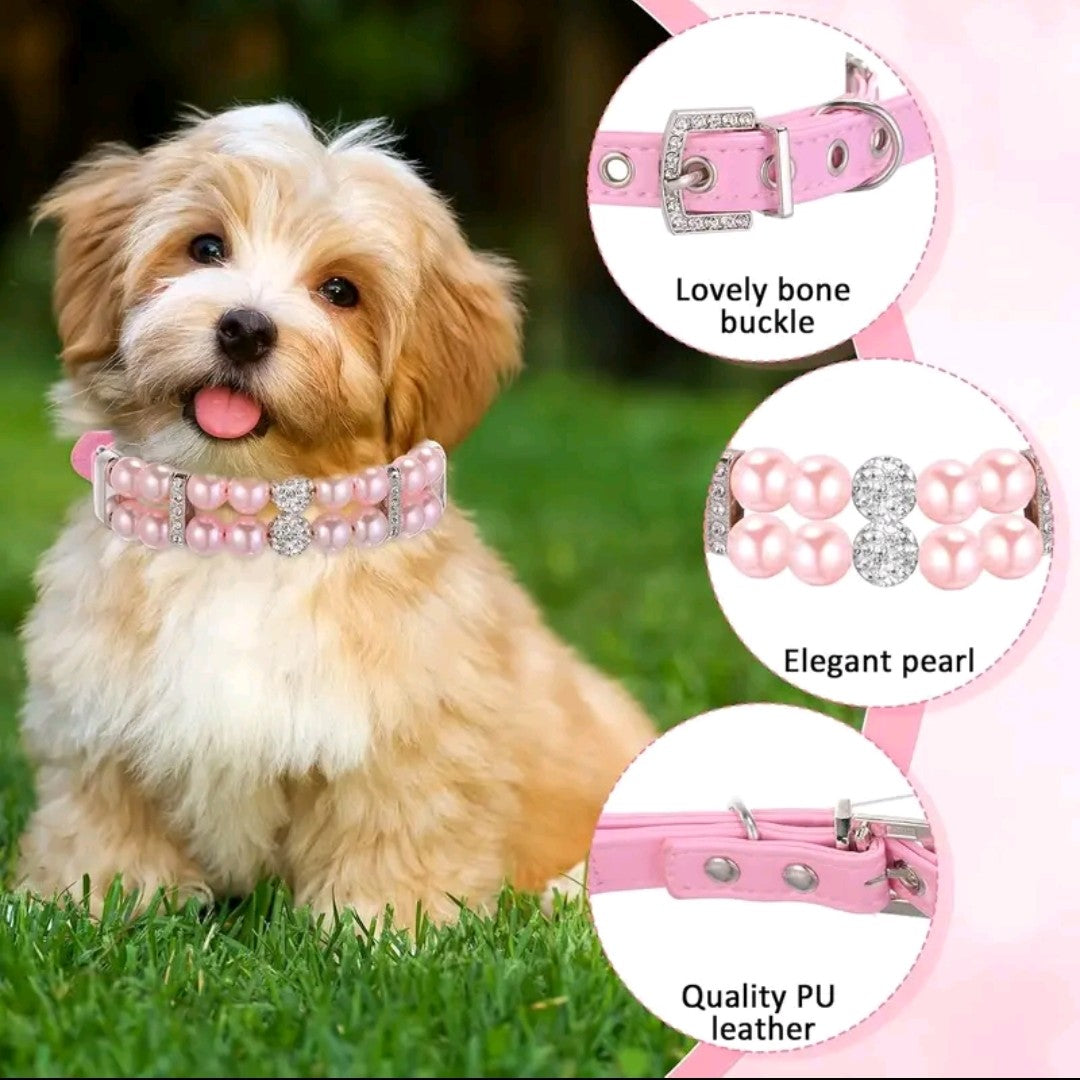 2-Pack Small Dog & Cat Pearl Collar and Necklace Set – Cute PU Leather Pet Collars with Crystal Rhinestones for Puppy, Kitten, Birthday, Wedding & Party