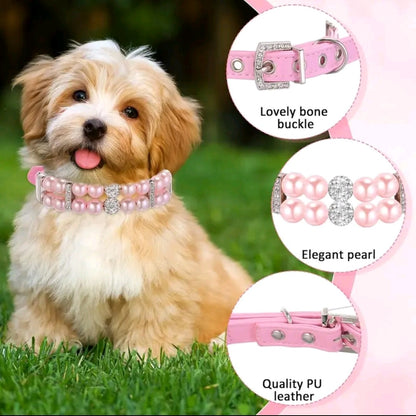 2-Pack Small Dog & Cat Pearl Collar and Necklace Set – Cute PU Leather Pet Collars with Crystal Rhinestones for Puppy, Kitten, Birthday, Wedding & Party