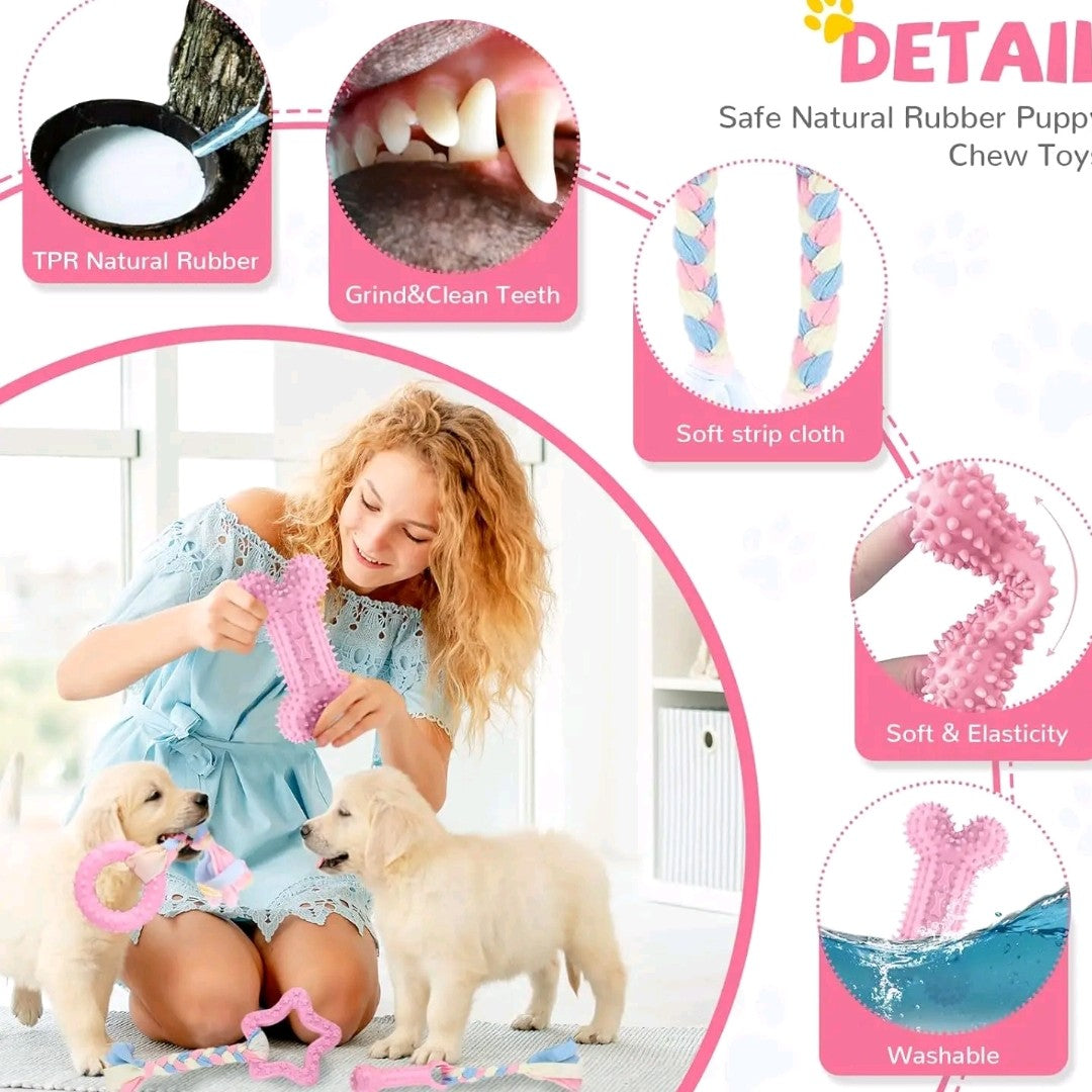 4-Pack Puppy Teething Toys – Pink Chew Set for Small Breed Dogs, Soft Rubber & Plush Bone Toys with Rope, Teeth Cleaning & Interactive Play
