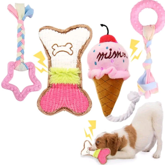 4-Pack Puppy Teething Toys – Pink Chew Set for Small Breed Dogs, Soft Rubber & Plush Bone Toys with Rope, Teeth Cleaning & Interactive Play