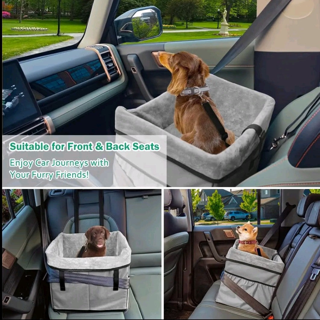 Dog Car Seat for Small Dogs – Portable Booster with Storage Pockets & Safety Belt, Comfortable Travel Bed for Pets up to 25 lbs (Gray)
