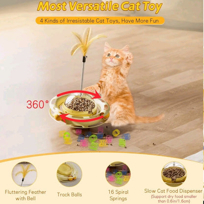 4-in-1 Interactive Cat Toy Set – Fluttering Butterfly, Track Ball Tower, 16 Colorful Springs & Slow Feeder Dispenser for Indoor Kittens