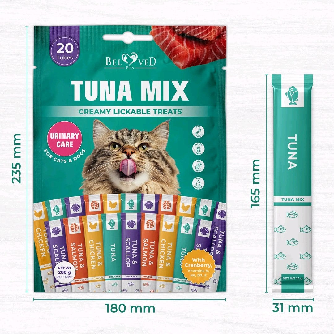 Beloved Pets Creamy Lickable Cat Treats – Chicken & Tuna Mix, Wet Squeeze Tube Snacks, Supports Urinary & Skin Health, Multivitamin Treats for Cats & Small Dogs (20 Sticks)