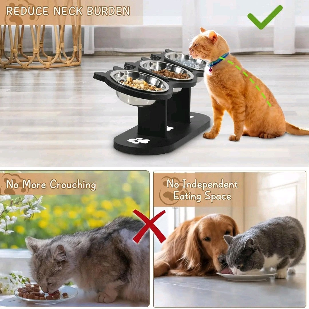 Adjustable Raised Cat Food Bowls – 3 Stainless Steel Elevated Bowls with 15° Black Stand for Indoor Cats