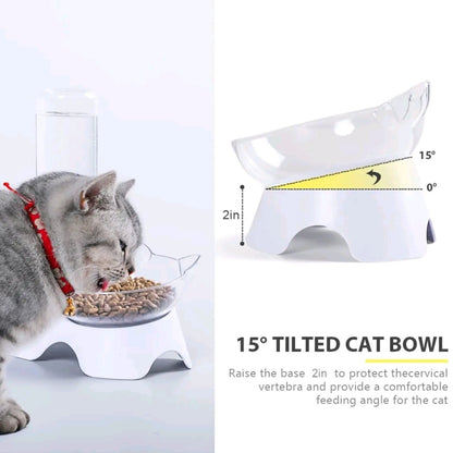 2-in-1 Double Dog & Cat Bowls – 15° Tilted Food & Water Bowl Set with Automatic Water Dispenser for Small & Medium Pets