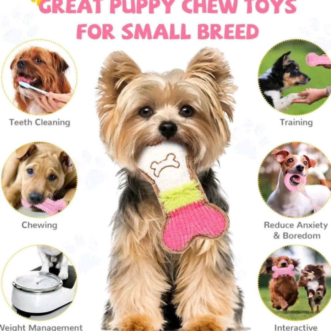 4-Pack Puppy Teething Toys – Pink Chew Set for Small Breed Dogs, Soft Rubber & Plush Bone Toys with Rope, Teeth Cleaning & Interactive Play