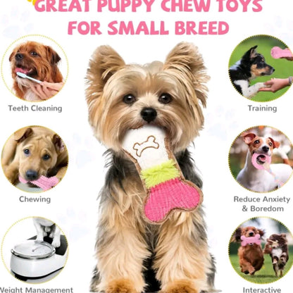 4-Pack Puppy Teething Toys – Pink Chew Set for Small Breed Dogs, Soft Rubber & Plush Bone Toys with Rope, Teeth Cleaning & Interactive Play