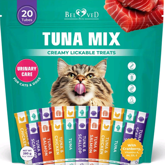 Beloved Pets Creamy Lickable Cat Treats – Chicken & Tuna Mix, Wet Squeeze Tube Snacks, Supports Urinary & Skin Health, Multivitamin Treats for Cats & Small Dogs (20 Sticks)