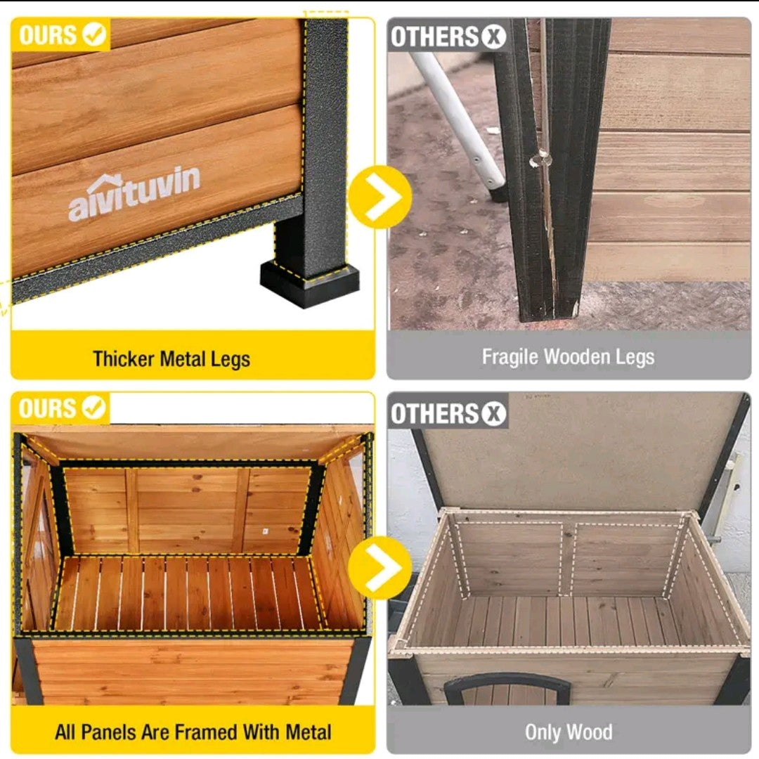 Aivituvin AIR80/AIR81 Outdoor Dog House with Porch – Weatherproof Wooden Kennel with Strong Iron Frame & Elevated Design