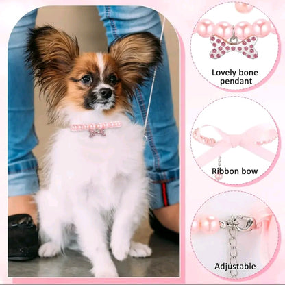 2-Pack Small Dog & Cat Pearl Collar and Necklace Set – Cute PU Leather Pet Collars with Crystal Rhinestones for Puppy, Kitten, Birthday, Wedding & Party