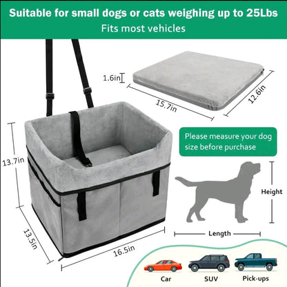 Dog Car Seat for Small Dogs – Portable Booster with Storage Pockets & Safety Belt, Comfortable Travel Bed for Pets up to 25 lbs (Gray)
