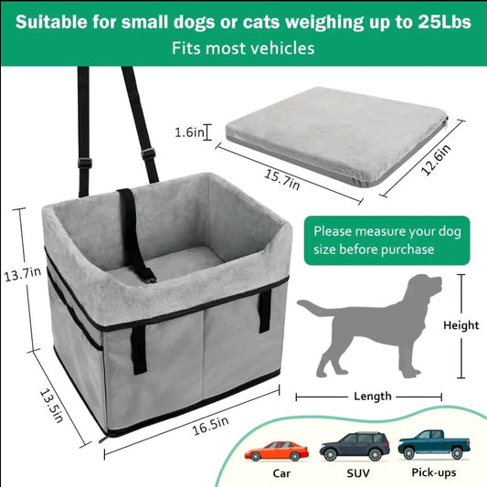 Dog Car Seat for Small Dogs – Portable Booster with Storage Pockets & Safety Belt, Comfortable Travel Bed for Pets up to 25 lbs (Gray)