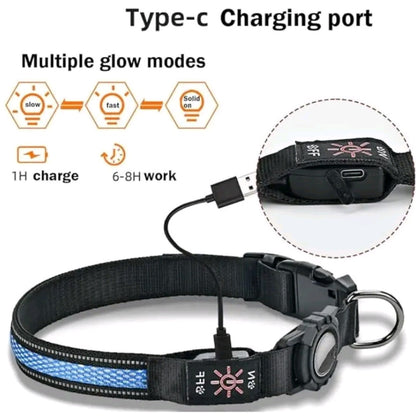 Rechargeable LED AirTag Dog Collar – Smart GPS Tracker for Apple Find My, Built-in QR Tag & Light-Up Design