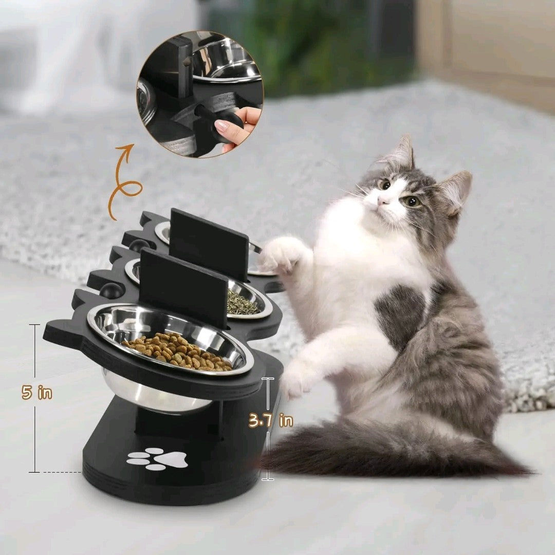 Adjustable Raised Cat Food Bowls – 3 Stainless Steel Elevated Bowls with 15° Black Stand for Indoor Cats
