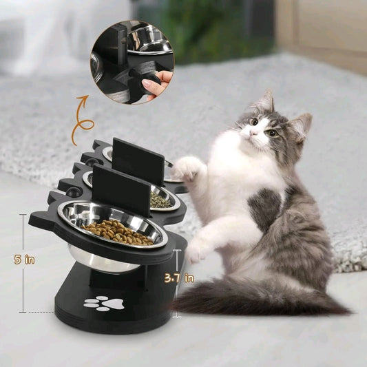 Adjustable Raised Cat Food Bowls – 3 Stainless Steel Elevated Bowls with 15° Black Stand for Indoor Cats