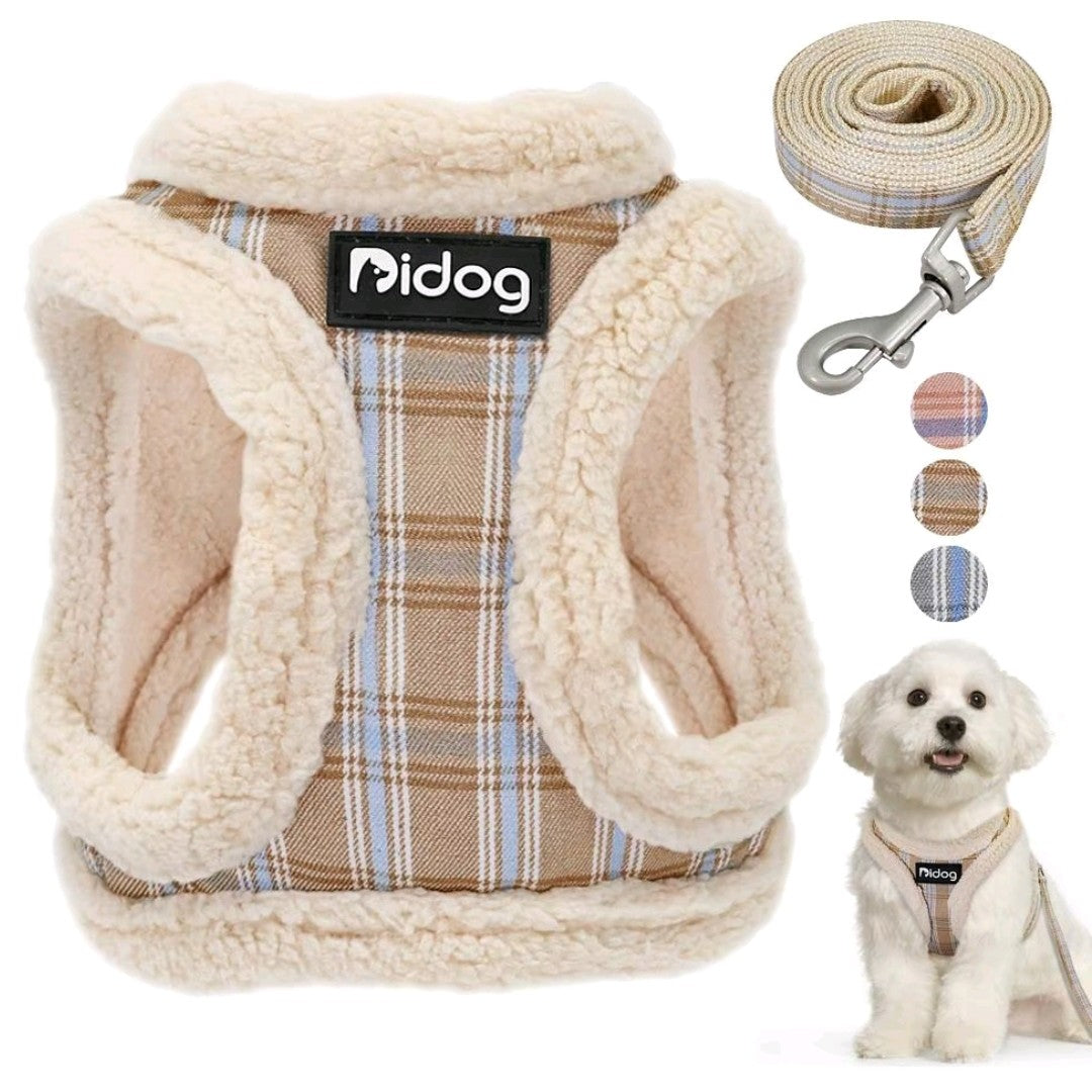Striped Adjustable Dog Harness & Leash Set – Soft Plush Chest Strap for Dogs & Cats, Cozy Outdoor Pet Harness, Christmas Gift