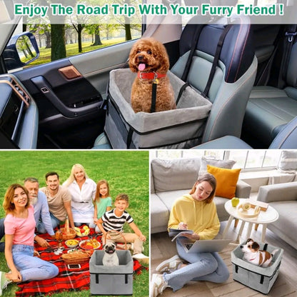 Dog Car Seat for Small Dogs – Portable Booster with Storage Pockets & Safety Belt, Comfortable Travel Bed for Pets up to 25 lbs (Gray)