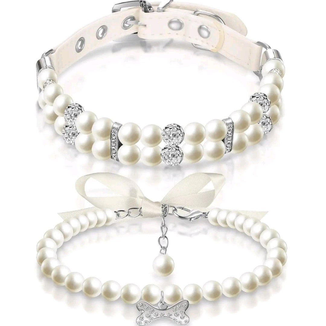 2-Pack Small Dog & Cat Pearl Collar and Necklace Set – Cute PU Leather Pet Collars with Crystal Rhinestones for Puppy, Kitten, Birthday, Wedding & Party