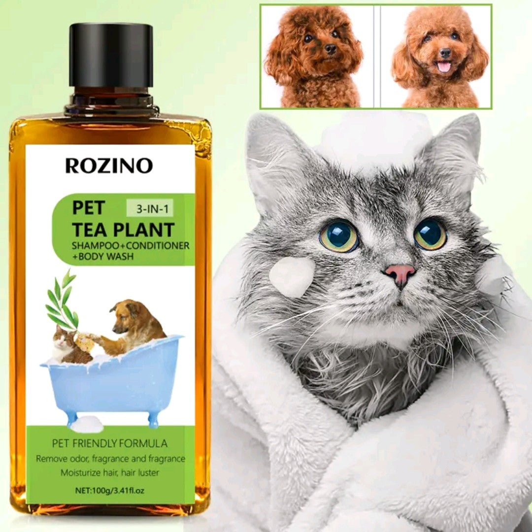 【Buy 2, Get a Premium Brush Comb Free】ROZINO 3-in-1 Tea Plant Pet Shampoo, Conditioner & Body Wash – Gentle Deodorizing Formula for Dogs, Cats & Horses (200g)