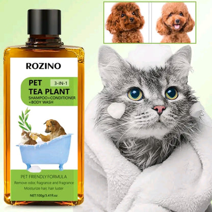 【Buy 2, Get a Premium Brush Comb Free】ROZINO 3-in-1 Tea Plant Pet Shampoo, Conditioner & Body Wash – Gentle Deodorizing Formula for Dogs, Cats & Horses (200g)